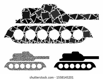 Military tank mosaic of abrupt elements in various sizes and color hues, based on military tank icon. Vector abrupt pieces are united into mosaic. Military tank icons collage with dotted pattern.