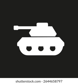 Military tank silhouette logo.White icon tank isolated on black background.Vector illustration side view.