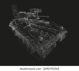 Military tank wireframe model on black background features realistic 3D structure and detailed mechanical components.