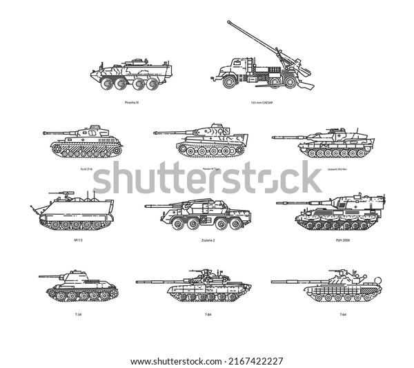Military technical transport. A set\
of tanks, artillery mounts, armored personnel\
carriers.
