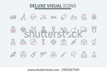 Military technology and equipment line icon set. Weapon ammunition of war, tank and drone, missile and bomb, helmet and gun of army soldier thin black and red outline symbols vector illustration