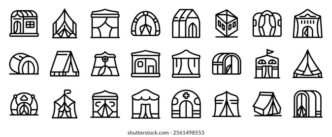 Military tent icons set. Set of camping tent and shelter icons representing various outdoor structures for temporary accommodation, including yurts, marquees, and other camping related symbols