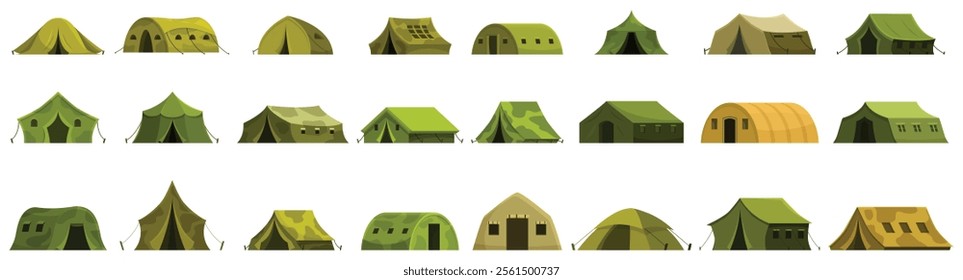 Military tent icons set. Camping tent icons showcasing various designs for outdoor adventures, providing temporary shelter and accommodation in nature