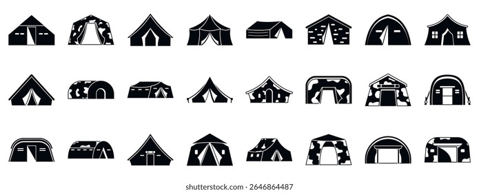 Military tent icons set. Various military tent camping icons depict different shelter styles used by soldiers in the field