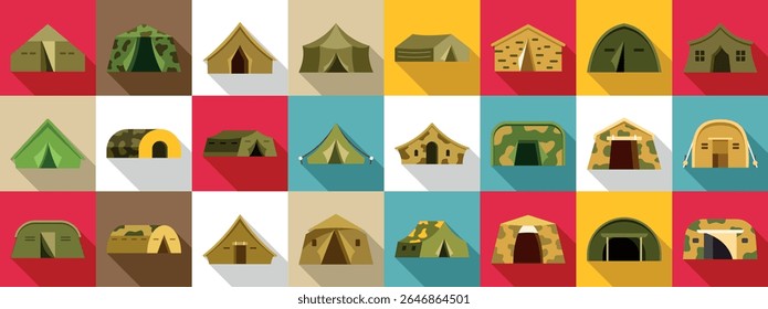  Military tent icons set. Various military camping tent icons showcasing different shelter styles and camouflage patterns used by soldiers in the field