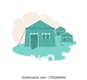 Military tents 2D vector web banner, poster. Army settlement. Barracks flat illustration on cartoon background. Combat huts. Soldiers temporary accommodation patch, colorful web element