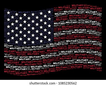 Military text items are grouped into waving American flag stylization on a dark background. Vector concept of America state flag is combined of military text elements.