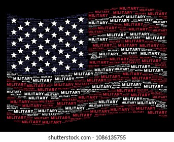 Military text items are grouped into waving USA flag stylization on a dark background. Vector concept of USA state flag is made from military text items.