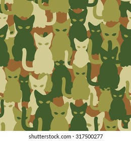 Military texture of cats. Army seamless pattern from pets. Protective camouflage for soldiers of animals.