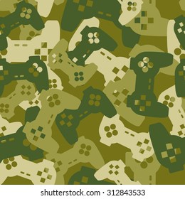 Military Texture From Gaming Joysticks. Army Seamless Pattern Gamepad. Vector Protective Camouflage For Soldier Clothing Gamer. 