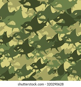 Military texture shark. Soldiers protective camouflage fish. Seamless background of Army Green and Brown scary marine predator.