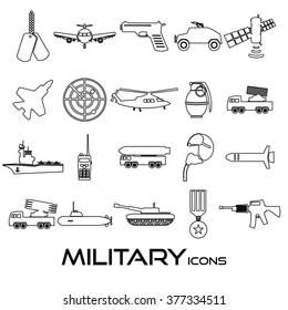 military theme simple black outline icons set eps10