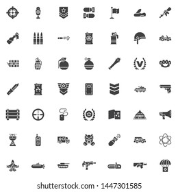 Military theme vector icons set, modern solid symbol collection, filled style pictogram pack. Signs, logo illustration. Set includes icons as Sniper Aim, Gun shooting target, Officer rank, Machine gun