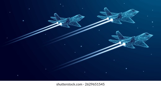 Military three Fighter Jets in flight. Digital airplane in futuristic low poly wireframe style. High-speed tech innovation concept. Army aircraft in nightly starry sky. Tech aviation background.
