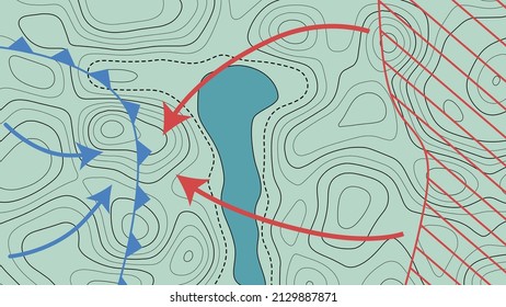 Military topographic map. The geographical basis of the relief. Contour map. The terrain of military operations. Vector illustration.
