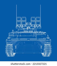 Militärisches Gleisstromsystem. Vektorgrafik von 3d. Wire-Frame-Stil. Die Schichten sichtbarer und unsichtbarer Linien sind getrennt