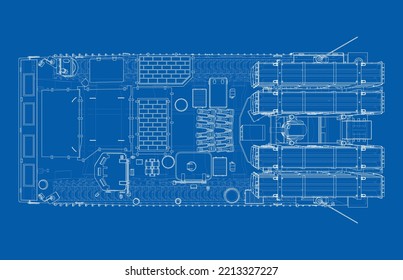 Militärisches Gleisstromsystem. Vektorgrafik von 3d. Wire-Frame-Stil. Die Schichten sichtbarer und unsichtbarer Linien sind getrennt