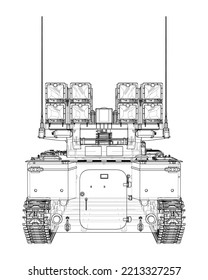 Military track missle system. Vector rendering of 3d. Wire-frame style. The layers of visible and invisible lines are separated