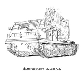 Military track missle system. Vector rendering of 3d. Wire-frame style. The layers of visible and invisible lines are separated