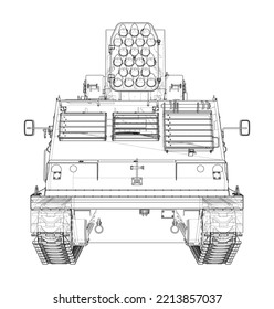 Military track missle system. Vector rendering of 3d. Wire-frame style. The layers of visible and invisible lines are separated