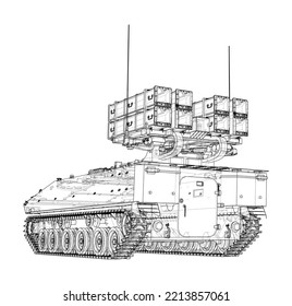 Military track missle system. Vector rendering of 3d. Wire-frame style. The layers of visible and invisible lines are separated