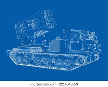 Military track missle system. Vector rendering of 3d. Wire-frame style. The layers of visible and invisible lines are separated
