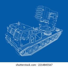 Military track missle system. Vector rendering of 3d. Wire-frame style. The layers of visible and invisible lines are separated