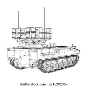 Militärisches Gleisstromsystem. Vektorgrafik von 3d. Wire-Frame-Stil. Die Schichten sichtbarer und unsichtbarer Linien sind getrennt