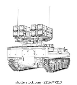 Military track missle system. Vector rendering of 3d. Wire-frame style. The layers of visible and invisible lines are separated
