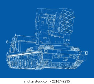 Military track missle system. Vector rendering of 3d. Wire-frame style. The layers of visible and invisible lines are separated