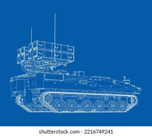 Military track missle system. Vector rendering of 3d. Wire-frame style. The layers of visible and invisible lines are separated