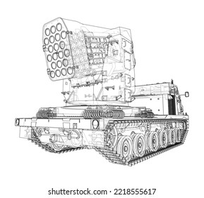 Military track missle system. Vector rendering of 3d. Wire-frame style. The layers of visible and invisible lines are separated