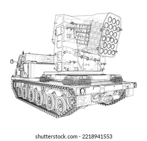 Military track missle system. Vector rendering of 3d. Wire-frame style. The layers of visible and invisible lines are separated