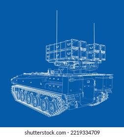 Militärisches Gleisstromsystem. Vektorgrafik von 3d. Wire-Frame-Stil. Die Schichten sichtbarer und unsichtbarer Linien sind getrennt