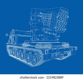 Military track missle system. Vector rendering of 3d. Wire-frame style. The layers of visible and invisible lines are separated