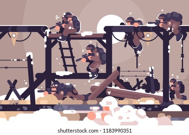Military training camp in winter at special ground. Concept education men, army, soldier for protection country. Vector illustration.