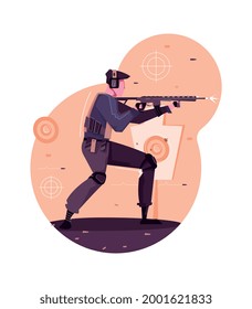Composición de entrenamiento militar con carácter plano de la ilustración del vector del disparo del hombre