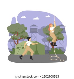 Military Training Composition, Flat Vector Isolated Illustration. Army Soldiers Female Cartoon Characters Climbing Rope, Running. Military Workout, Sport Exercises, Boot Camp.