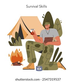 Military Training concept. Soldier practicing survival skills in a camp with tent, campfire, and canned food. Outdoor army exercise scenario. Vector illustration.