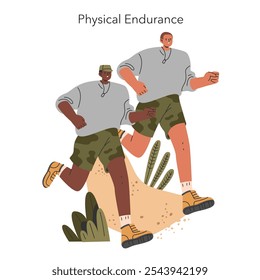 Concepto de entrenamiento militar. Soldados en un ejercicio de fortalecimiento, enfatizando el trabajo en equipo y la fuerza. Ilustración vectorial.