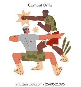 Concepto de Entrenamiento Militar. Dos soldados participan en ejercicios de combate cuerpo a cuerpo con determinación. Entrenamiento para la preparación en el campo de batalla, mejora de las habilidades tácticas. Ilustración vectorial.