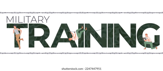 Military training flat composition with editable text and human characters of running and climbing army recruits vector illustration