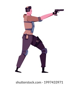 Military training flat icon with character firing pistol vector illustration
