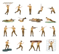 Military Training Flat Icon Set Soldiers Do Exercises Running Fighting Shooting Crawling Vector Illustration