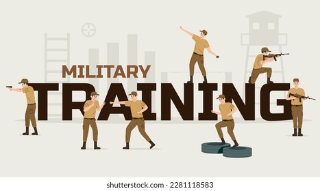 Military training flat text composition with fighting shooting fleeing soldiers in special training vector illustration