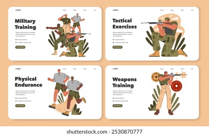 Conjunto de entrenamiento militar. Los soldados participan en la supervivencia al aire libre, saludan por su liderazgo, practican el combate y aprenden primeros auxilios. Desarrollo de habilidades tácticas. Ilustración vectorial.