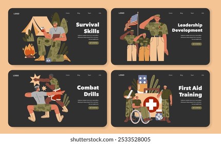 Conjunto de entrenamiento militar. Los soldados participan en la supervivencia al aire libre, saludan por su liderazgo, practican el combate y aprenden primeros auxilios. Desarrollo de habilidades tácticas. Ilustración vectorial.