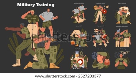 Military Training set. Soldiers undergoing diverse drills and skill development. Physical endurance, weapons mastery, tactical exercises, survival tactics. Vector illustration.