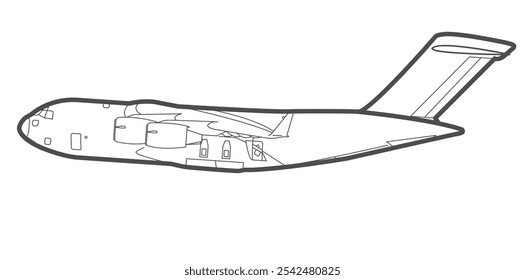 Military transport aircraft Boeing C-17, side view, dark gray line icon.