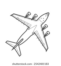 Military transport aircraft Boeing C-17, top view, dark gray line icon.